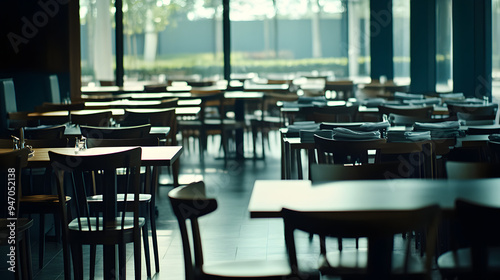 Empty restaurant interior during pandemic closure, chairs stacked on tables, somber atmosphere with soft natural light filtering through windows, symbolizing impact of pandemic on dining industry