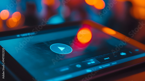 Vibrant digital tablet screen showcasing colorful game announcement trailer, play button visible, capturing anticipation and hype of new game releases among excited gamers