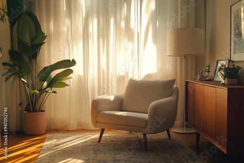 Sala de estar moderna com sofá colorido e iluminação natural, decorada com plantas, quadros e móveis elegantes, capturada por IA generativa.
