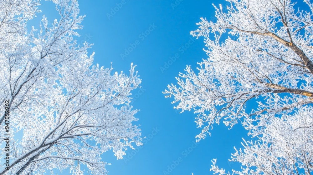 Snow-covered tree branches against a clear blue sky, capturing the serene beauty of a winter day. Snow-covered tree branches against a clear blue sky, capturing the serene beauty of a winter day.