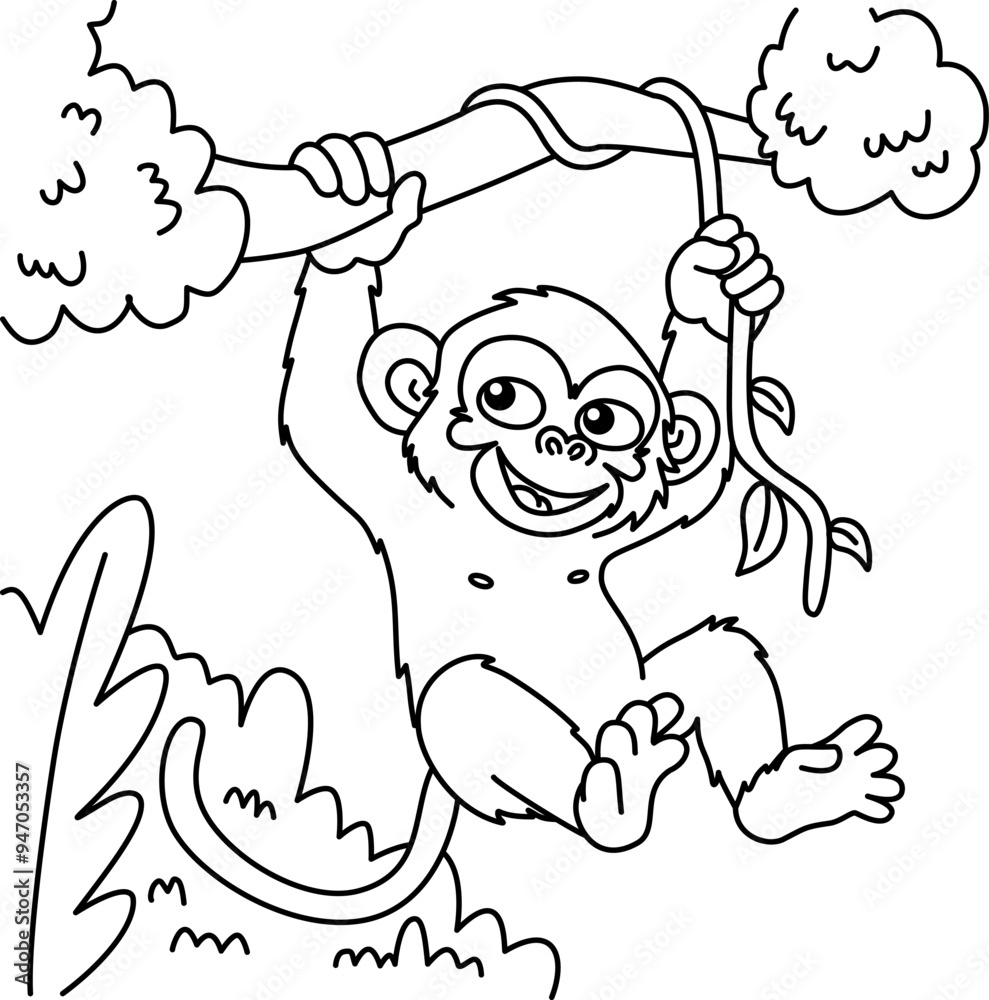 Drawing outline very cheerful monkey swinging on a branch.eps Drawing outline very cheerful monkey swinging on a branch.eps
