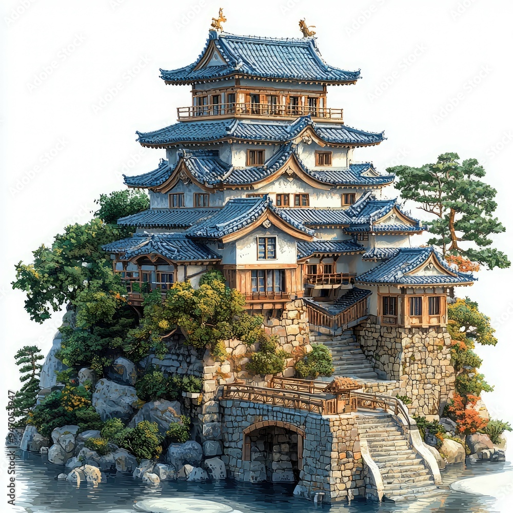 Fototapeta premium Traditional Japanese Castle on a Cliffside with a Bridge and Surrounding Water