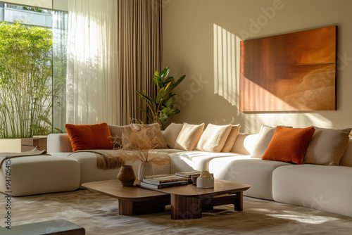 Sala de estar moderna com sofá colorido e iluminação natural, decorada com plantas, quadros e móveis elegantes, capturada por IA generativa.
