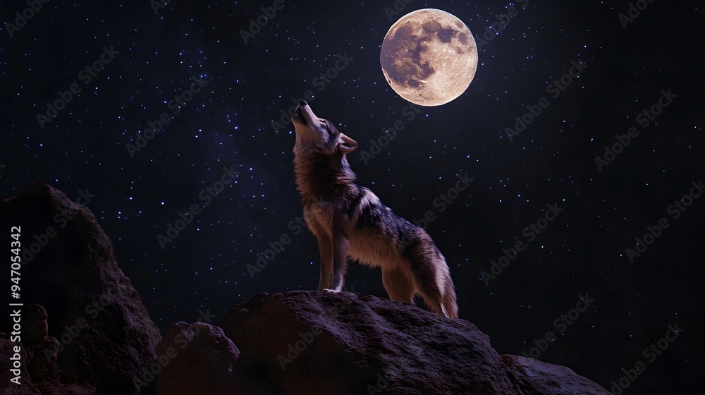 Wolf Howling on a Full Moon Night Starry Sky, Photo Realistic, Wallpaper, Cover and Screen for Smartphone, Cell Phone, PC, Laptop Wolf Howling on a Full Moon Night Starry Sky, Photo Realistic, Wallpaper, Cover and Screen for Smartphone, Cell Phone, PC, Laptop