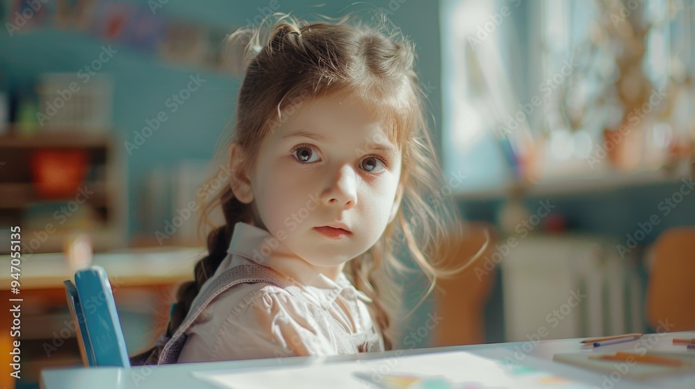 A young girl sitting at a table in a classroom, focused on her work A young girl sitting at a table in a classroom, focused on her work