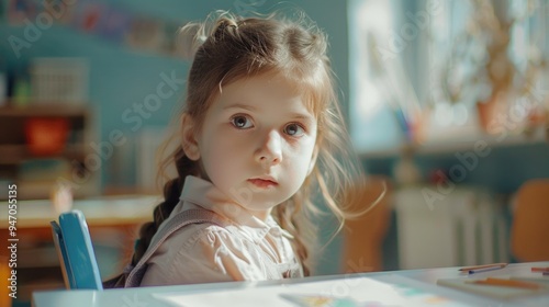 A young girl sitting at a table in a classroom, focused on her work