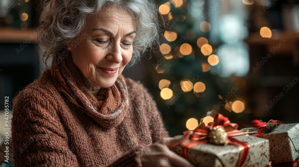 Senior woman wrapping gifts in a festive living room, full of warmth and holiday spirit Senior woman wrapping gifts in a festive living room, full of warmth and holiday spirit