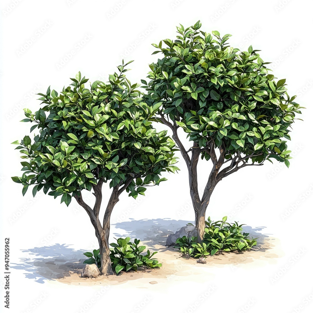 Two Lush Green Trees with Brown Trunks on a White Background Two Lush Green Trees with Brown Trunks on a White Background