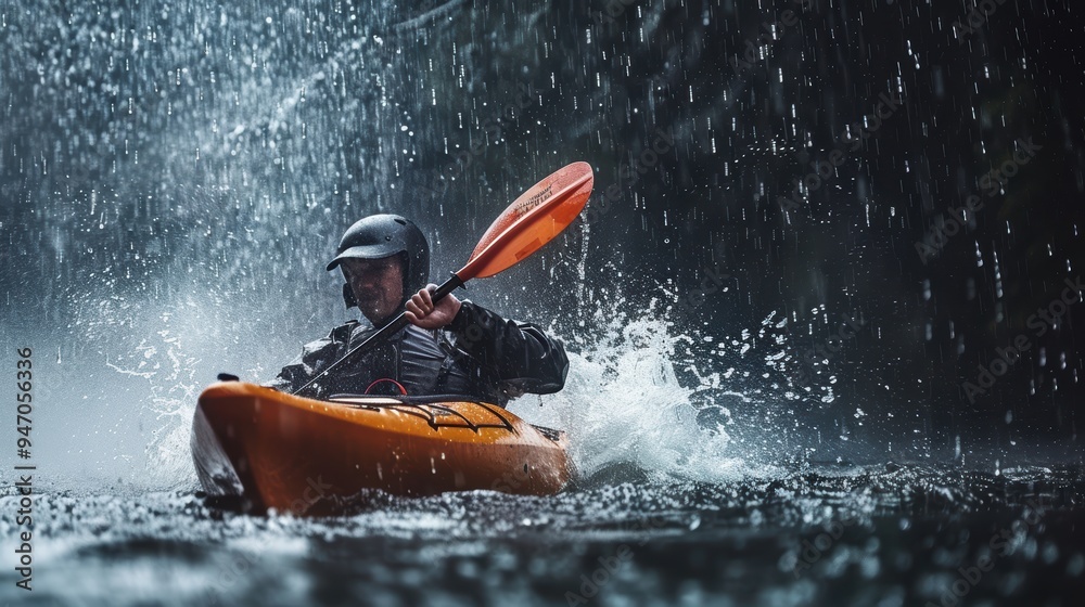 Fototapeta premium Kayaker paddling under waterfall in heavy rain