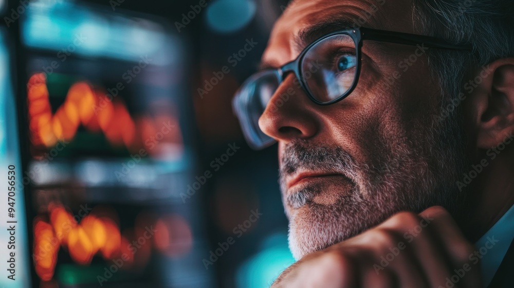 Close-up of a Man Wearing Glasses, Focused on a Computer Screen Close-up of a Man Wearing Glasses, Focused on a Computer Screen