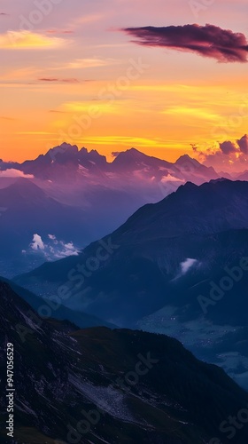 A panoramic view of a mountain range at sunset, perfect for inspiring outdoor adventures