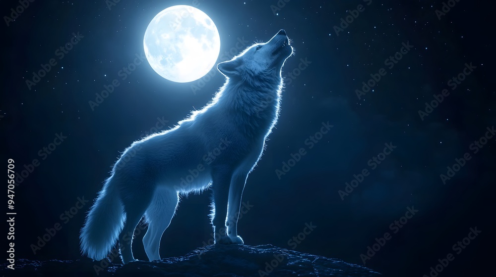 Wolf Howling on a Full Moon Night Starry Sky, Photo Realistic, Wallpaper, Cover and Screen for Smartphone, Cell Phone, PC, Laptop