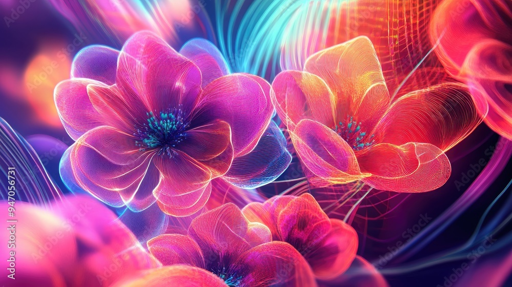 Digital flowers in vibrant abstract art style, featuring neon lines and geometric shapes, set against a colorful vector background Digital flowers in vibrant abstract art style, featuring neon lines and geometric shapes, set against a colorful vector background