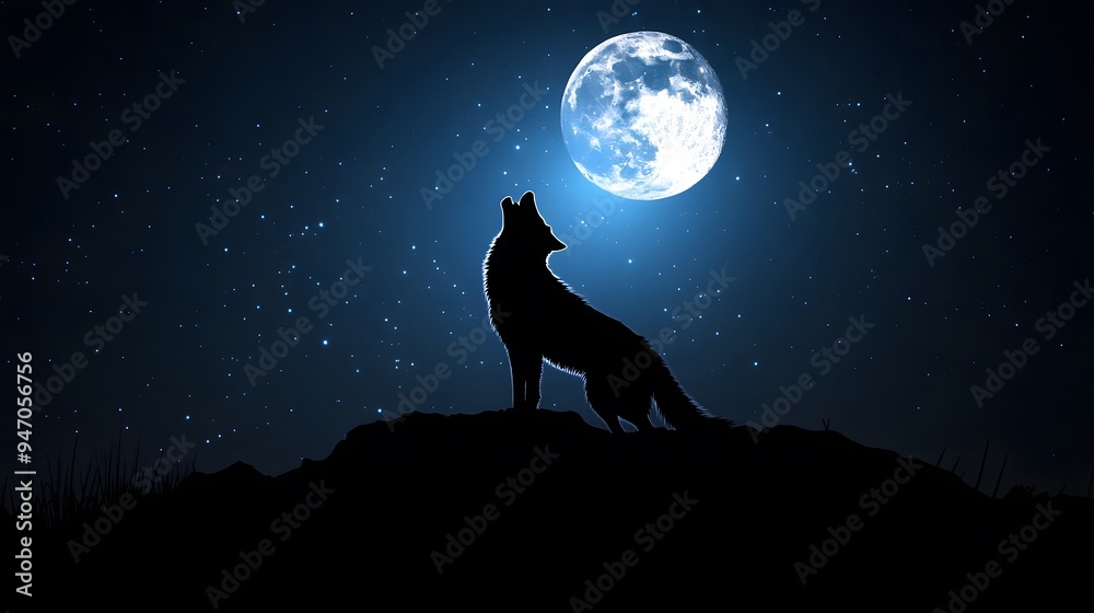 Wolf Howling on a Full Moon Night Starry Sky, Photo Realistic, Wallpaper, Cover and Screen for Smartphone, Cell Phone, PC, Laptop Wolf Howling on a Full Moon Night Starry Sky, Photo Realistic, Wallpaper, Cover and Screen for Smartphone, Cell Phone, PC, Laptop