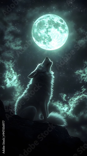 Wolf Howling on a Full Moon Night Starry Sky, Photo Realistic, Wallpaper, Cover and Screen for Smartphone, Cell Phone, PC, Laptop