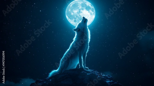 Wolf Howling on a Full Moon Night Starry Sky, Photo Realistic, Wallpaper, Cover and Screen for Smartphone, Cell Phone, PC, Laptop