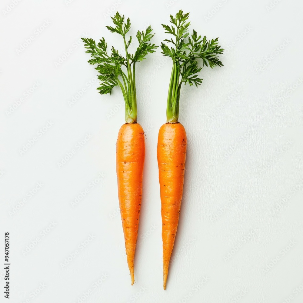 Two Whole Carrots with Green Tops on a White Background Two Whole Carrots with Green Tops on a White Background
