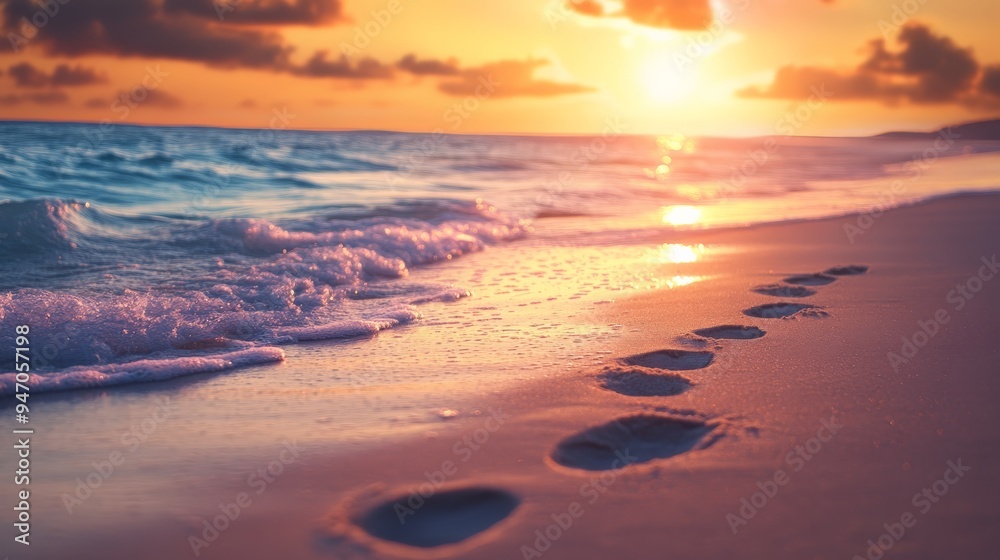 Serene beach at sunset with footprints leading towards the ocean, capturing the beauty and tranquility of a peaceful evening by the sea. Serene beach at sunset with footprints leading towards the ocean, capturing the beauty and tranquility of a peaceful evening by the sea.