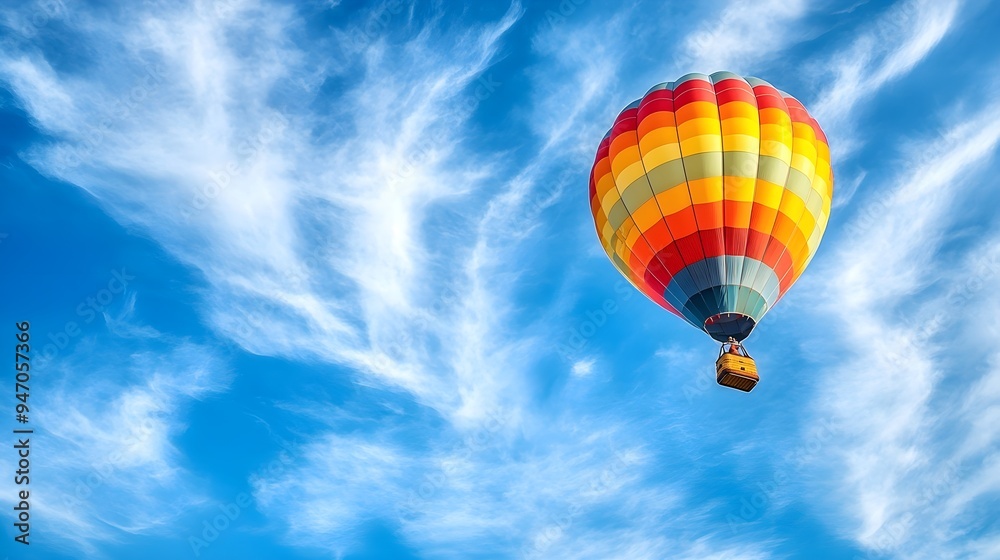 Fototapeta premium A colorful hot air balloon floating gently in a clear blue sky, with wispy white clouds in the background, creating a serene atmosphere