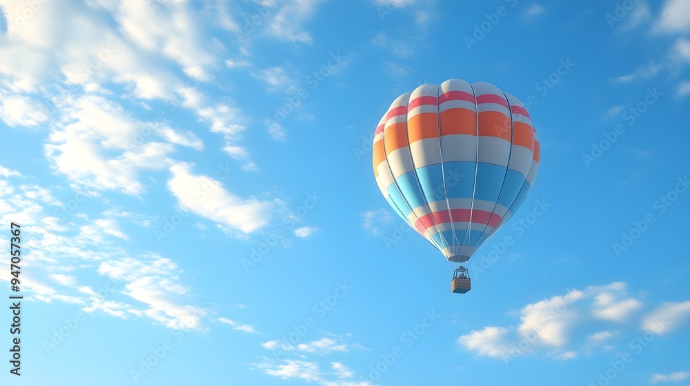A colorful hot air balloon floating gently in a clear blue sky, with wispy white clouds in the background, creating a serene atmosphere A colorful hot air balloon floating gently in a clear blue sky, with wispy white clouds in the background, creating a serene atmosphere