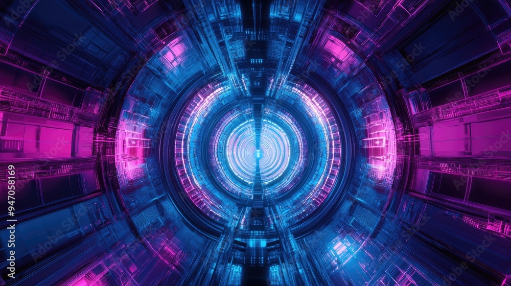 Fototapeta premium Building art with electric blue and magenta tints, featuring symmetry, circular patterns, and a futuristic font design, 3D rendering