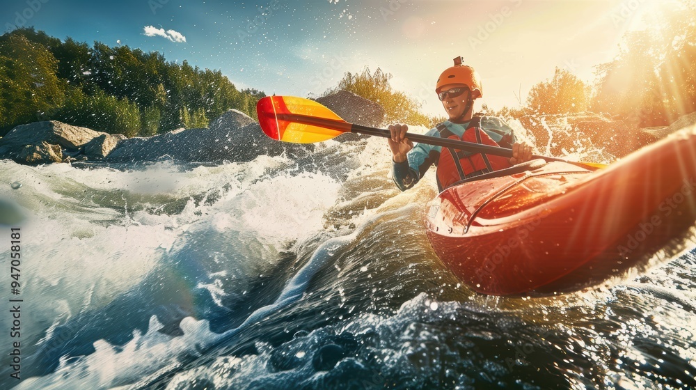 Fototapeta premium Kayaker paddling through rough water on a river