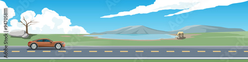 Travels of sedan sport car with driving for banner. Asphalt road near the meadow with green grass and river with Buffalo drinking water. Mountain under blue sky and clouds. Copy Space Flat Vector.