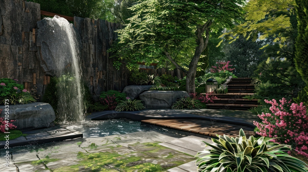 Fototapeta premium Tranquil Waterfall Garden with Stone Pathway and Lush Greenery.