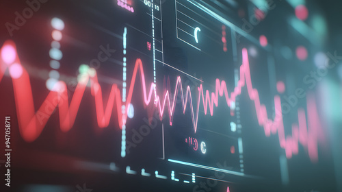 Close-up digital screen showing line graph with fluctuating trends, representing cancer statistics and data visualization for medical analysis.