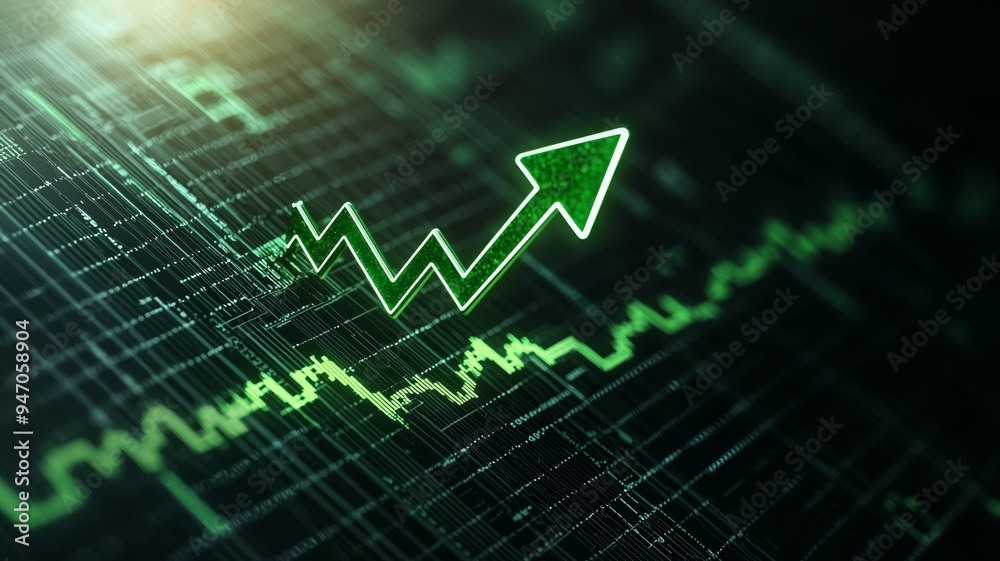 A green arrow is on a graph that shows a rising line A green arrow is on a graph that shows a rising line