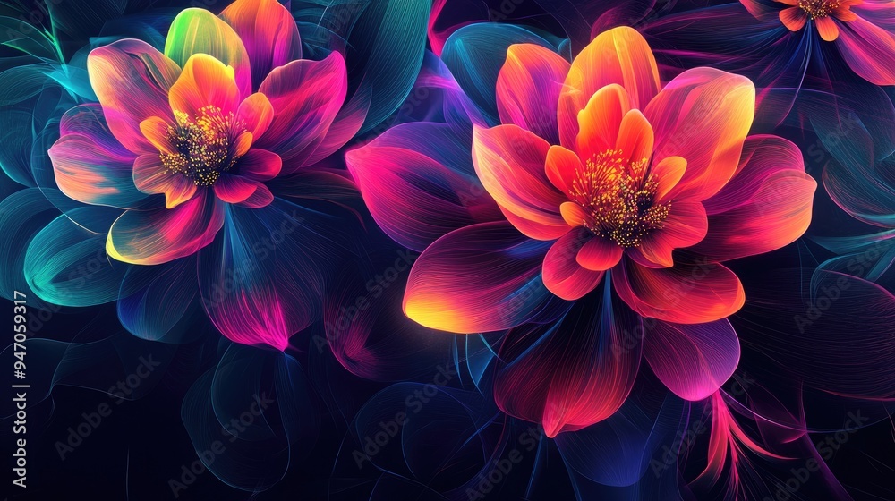 Colorful digital flowers in abstract art style, with geometric neon lines and vibrant colors, set against a mesmerizing vector backdrop Colorful digital flowers in abstract art style, with geometric neon lines and vibrant colors, set against a mesmerizing vector backdrop