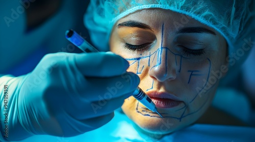 Close up shot of a surgeon using a marker to carefully outline specific areas on a patient s face in for a medical procedure against an isolated background photo