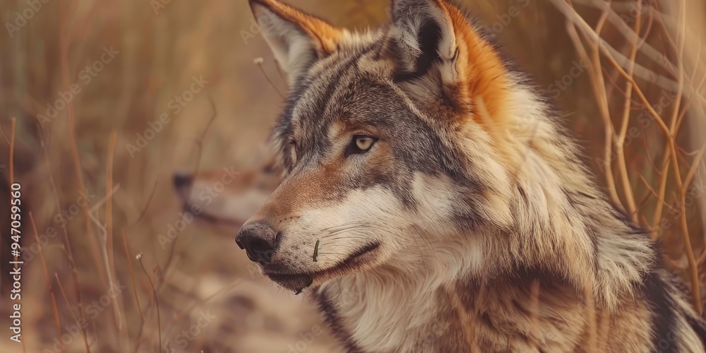 Mexican Gray Wolf Keeping Guard as Mate Relishes a Bone Mexican Gray Wolf Keeping Guard as Mate Relishes a Bone