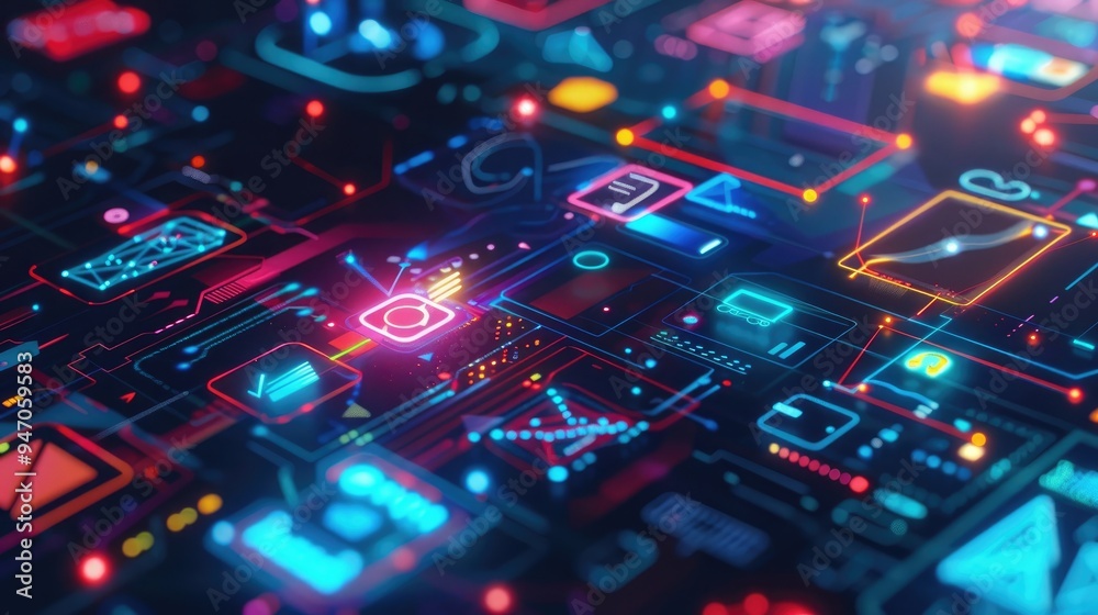 Colorful mobile app icons on a futuristic digital screen Colorful mobile app icons on a futuristic digital screen