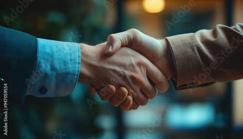 Aperto de mãos entre dois homens de negócios em ambiente corporativo, simbolizando acordo ou parceria, capturado por IA generativa.
