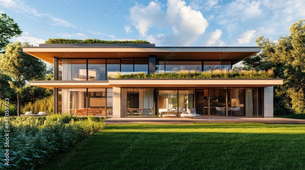 Modern House with Green Roof and Large Windows Modern House with Green Roof and Large Windows
