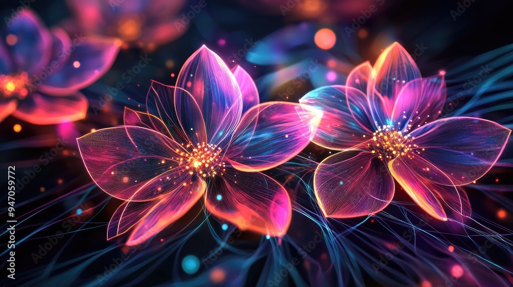 Digital flowers in a colorful abstract style, featuring geometric neon lines and bright colors, set against a mesmerizing vector background Digital flowers in a colorful abstract style, featuring geometric neon lines and bright colors, set against a mesmerizing vector background