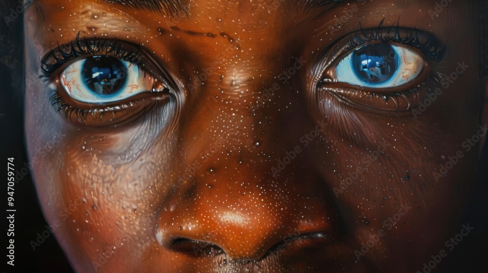 Close-up of a young person's face with blue eyes, the skin is dark brown with white dots. Close-up of a young person's face with blue eyes, the skin is dark brown with white dots.