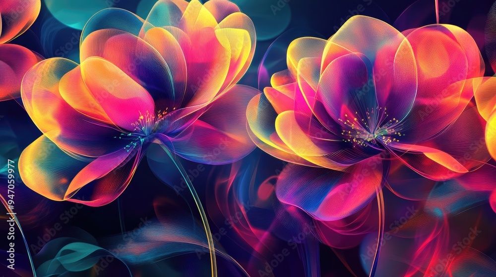 Digital flowers in an abstract art style, with neon geometric lines and a mix of bright colors, creating a striking vector background Digital flowers in an abstract art style, with neon geometric lines and a mix of bright colors, creating a striking vector background