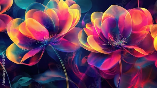 Digital flowers in an abstract art style, with neon geometric lines and a mix of bright colors, creating a striking vector background