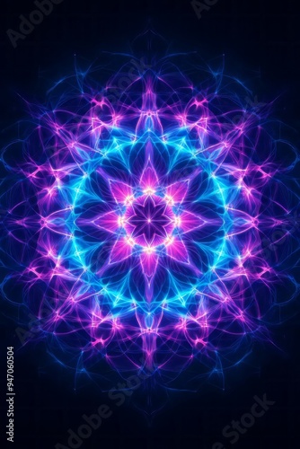 A vibrant, glowing mandala design featuring intricate patterns of purple and blue lights on a dark background.