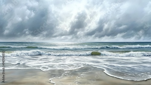 Peaceful beach scene with waves gently crashing onto the shore under a cloudy sky, creating a serene and tranquil atmosphere.