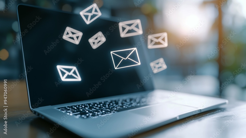 A laptop screen shows a bunch of emails flying out of the screen A laptop screen shows a bunch of emails flying out of the screen