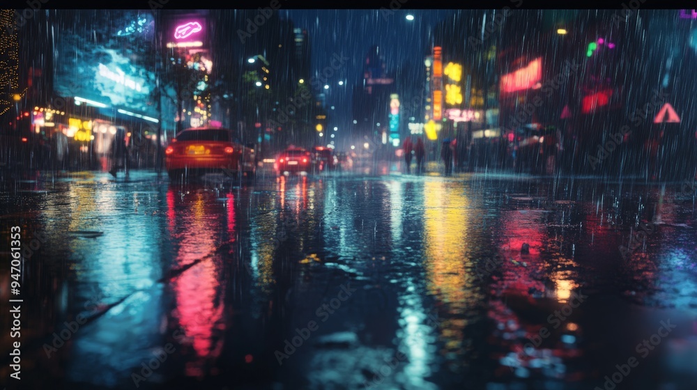 Obraz premium Moody urban rain-soaked street at night with reflecting neon lights, buzzing with car movement and city life.