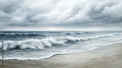 Moody ocean waves crashing on a sandy beach under a cloudy sky, capturing the essence of a stormy seascape.