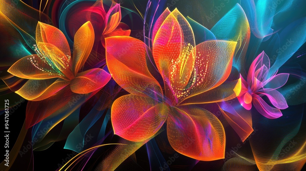 Various abstract digital flowers with vibrant neon lines and geometric shapes, set against a colorful vector background, creating dynamic visual impact Various abstract digital flowers with vibrant neon lines and geometric shapes, set against a colorful vector background, creating dynamic visual impact