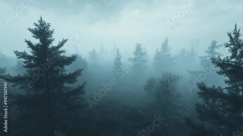 Misty pine forest at dawn with dense fog creating an eerie and mysterious atmosphere, perfect for nature and landscape themes.