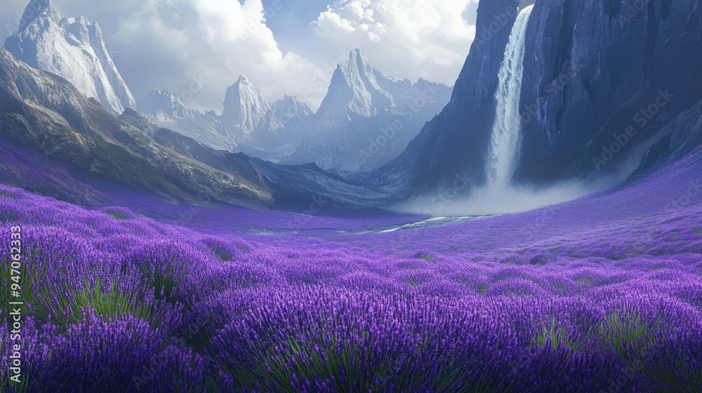 Vibrant lavender field with high mountains and a cascading waterfall, set against a dynamic futuristic background, creating a beautiful landscape Vibrant lavender field with high mountains and a cascading waterfall, set against a dynamic futuristic background, creating a beautiful landscape