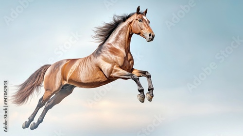 A brown horse is jumping in the air