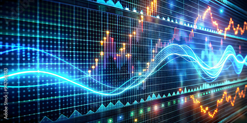 Glowing Abstract Wave Transforming into Stock Market Ticker Concept with Financial Data Scrolling - Innovative Photo Stock Concept Capturing Market Information Flow